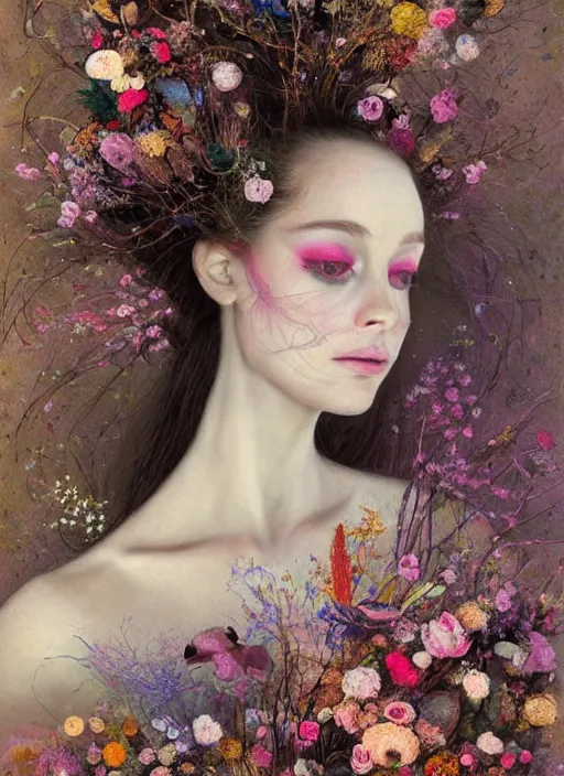 Prompt: a painting of a ballerina surrounded by flowers, a surrealist painting by yoann lossel, trending on cgsociety, pop surrealism, made of flowers, cosmic horror, lovecraftian, directed gaze