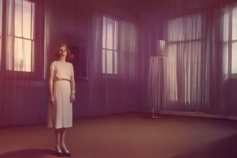 Prompt: backlit photograph of young woman, standing in front of powerful dazzling orgone accumulator in 1 9 3 0's suburban living room, hyper realisit, octane render, crisp focus, highly detailed, in roger deakins style, 3 5 mm ektachrome, ultra sharp