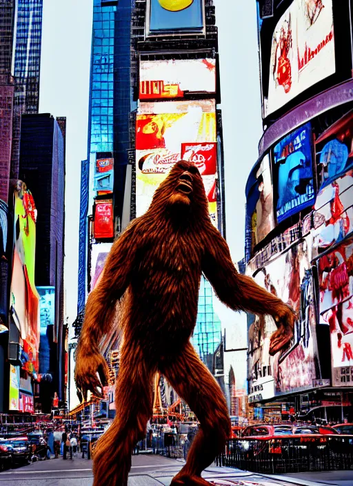 Prompt: photorealistic photograph of bigfoot in times square, 3 5 mm film, fuji, leica s, bigfoot, nyc, in the style of fashion photography, intricate, golden hour sunlight, kodachrome