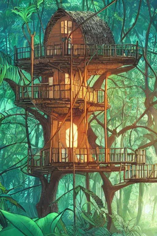 Image similar to a tree house in the jungle, sunshine, by alba ballesta gonzalez and moebius. 4 k wallpaper, digital flat 2 d, japan animation, comic book, illustration, cinematic lighting, smooth sharp focus.