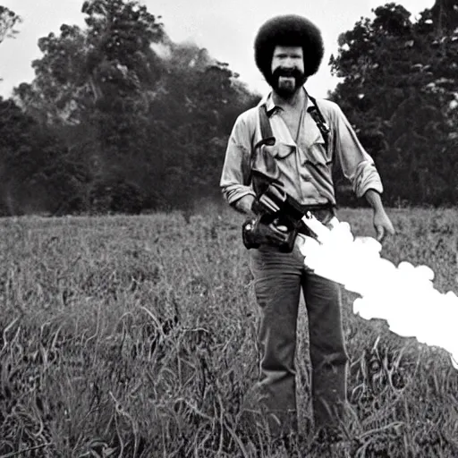 Prompt: bob ross holding a flamethrower in the vietnam war