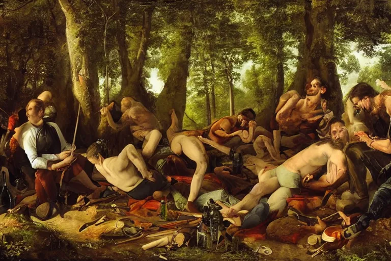 Image similar to mid - thirties guys binge drinking in a forest, in the style of skovgaard