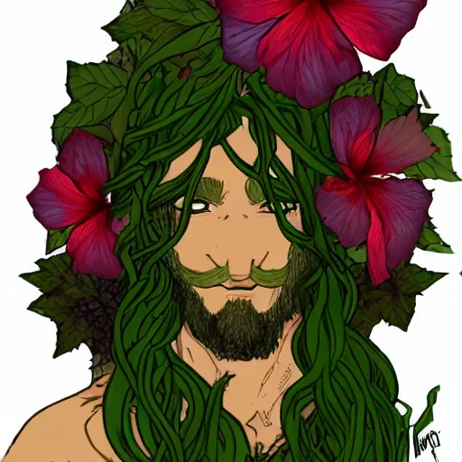 Image similar to male firbolg druid with vines and hibiscus flowers as hair simple drawing, comic style