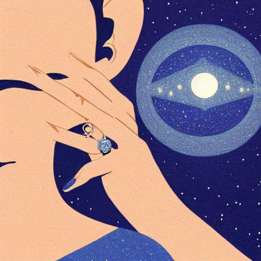 Image similar to closeup of a womans face wearing a neckless with a glowing planet Saturn as the pendant, the rings are glowing around the planet, the woman's hand reaching for the pendant, flat design, screen print by kawase Hasui and Dan hillier, 8k