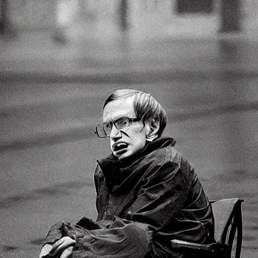 Prompt: stephen hawking stuck in the rain, photography,
