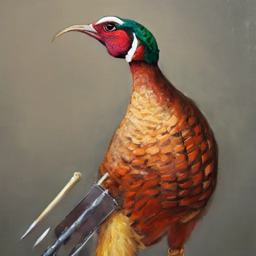 Prompt: Pheasant with sword on the belt, by lily seika jones , rivuletpaper art, very detailed, oil painting, harsh fairy tale, soft style, hyperrealism, beautiful, high resolution, trending on artstation, steps 50
