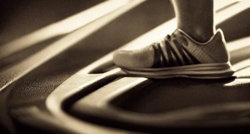 Prompt: close up on old running shoes running on a treadmill. cinematic lighting. moody. sci fi. concept art illustration. subdued tones.