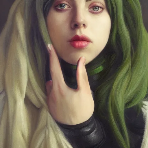 Image similar to Billie Eilish as female loki, oil on canvas, noir, trending on artstation, by Ian Sprigger and Edmund Blair Leighton and Charlie