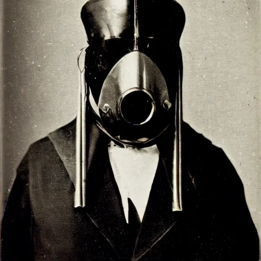 Prompt: photo portrait of 19 century brutal metal face mask cultist lord rich baron by Diane Arbus and Louis Daguerre