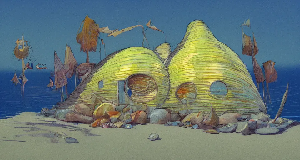 Prompt: seashell house, still life, concept art by bill sienkiwicz and john harris, triadic color scheme