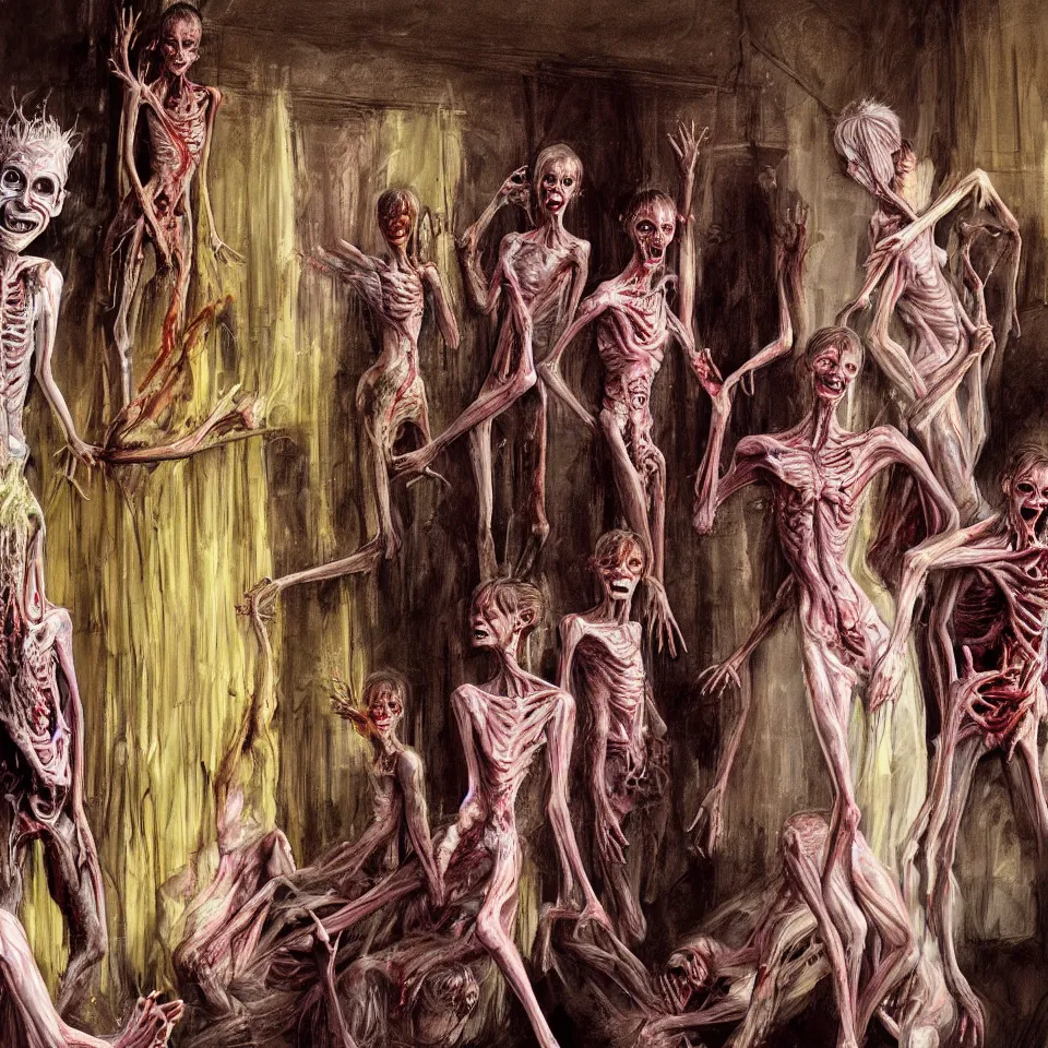 Image similar to bright realistic anorexic end of the world family cult turning into gods and deamons and smiling franticly, old apartment, rotten flesh, diffuse lighting, fantasy, intricate, elegant, highly detailed, lifelike, photorealistic, digital painting, artstation, illustration, concept art, smooth, sharp focus, art by francis bacon and jenny saville