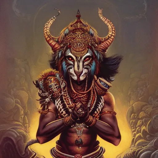 Prompt: head and shoulders portrait of a rakshasa in a luxurious indian setting, d & d, fantasy, greg rutkowski, frank frazetta, alexandre chaudret, boris vallejo, michael whelan, miro petrov, hr giger, magali villeneuve, donato giancola