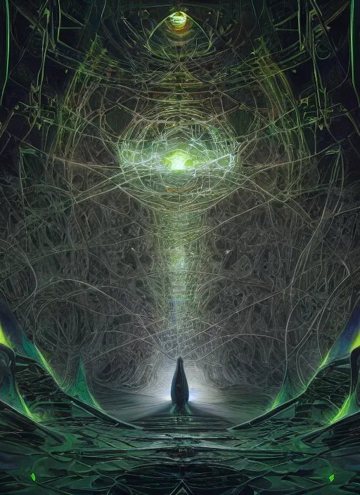 Prompt: a quantum computer, geometric crystal wiring, emerald circuits, highly advanced technology surrounded by a dark cabal of multiple hooded elven mystics in long dark robes gathered in a circular formation, dan seagrave art, michael whelan, artstation, cgsociety