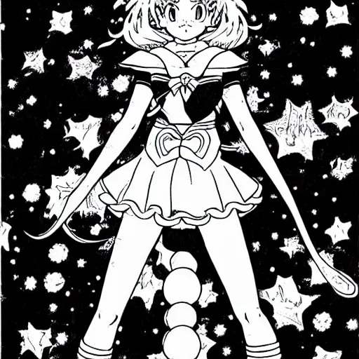 Prompt: sailor moon, highly detailed, illustrated by akira toriyama, manga, black and white illustration
