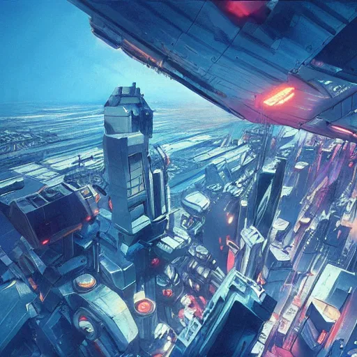 Prompt: aerial view of futuristic cyberpunk city, daylight, blue sky, cinematic lighting, blue sky, syd mead, john harris