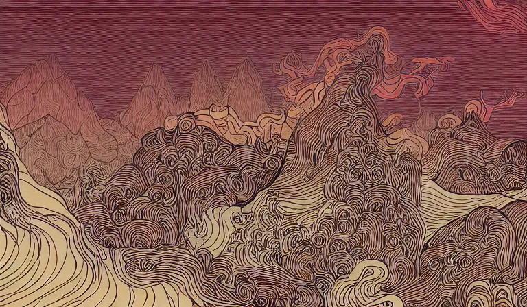 Image similar to 1975 a group of samurai fire glitchcore landscape, Precise and Intricate Linework, Art Nouveau Cosmic 4k Detailed Matte Illustration trending on IllustrationX ,CGSociety, Slate grey and Mauve color scheme, Pastiche by Stanisław Wyspiański, Pastiche by Pascal Blanché