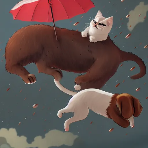 Image similar to giant cats and dogs are falling from the sky like rain, bystanders watching from the sides, 4 k, by miyazaki, monokubo, artstation,