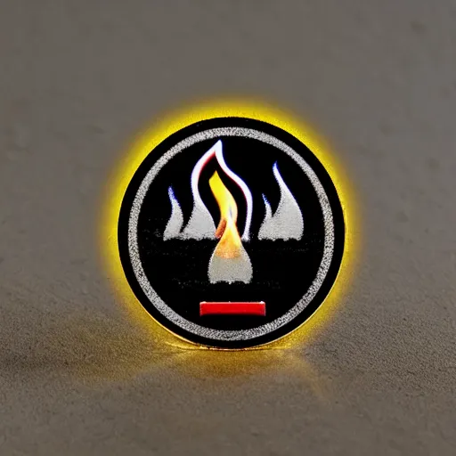 Image similar to an award - winning photo of minimalistic clean fire flames warning label enamel pin, beautiful cinematic light, behance