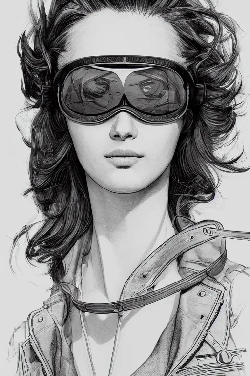 Prompt: studio portrait of a female aviator, wearing aviator goggles, beautiful, elegant, young skinny pretty, an ultrafine hyperdetailed illustration by kim jung gi and moebius, jean gireaud, intricate linework, detailed faces, super sharp focus, bright colors, octopath traveler, final fantasy, unreal engine 5, central composition,