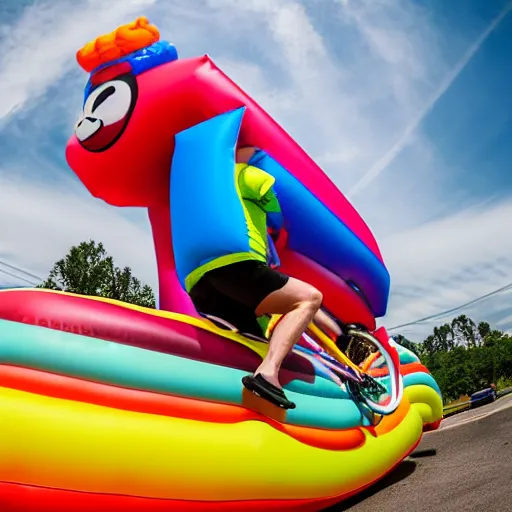 Prompt: wide shot of inflatable tube man riding a bicycle with natural light. high detail, ultrarealistic 4 k high shutter speed