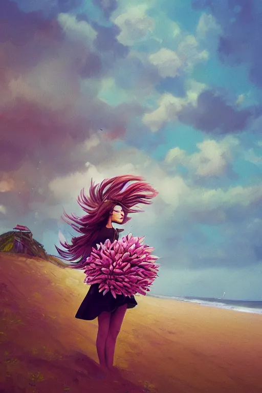 Image similar to portrait, giant flower head, a girl on beach, surreal photography, wind and cold, dramatic sky, impressionist painting, digital painting, artstation, simon stalenhag