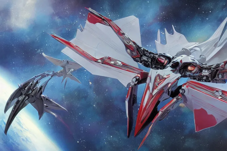 Image similar to gnostic space nebula framing a pteranodon mecha interceptor, small against the backdrop of space, white john berkey armor panels, wine-red and grey trim, robotech styling, with white Kanji markings outlined in black, boeing concept art painting, cinematic lighting, amazing lifelike cinematic photo render