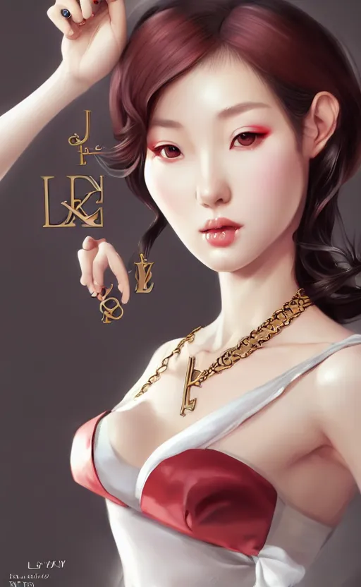 Image similar to a pin up and beautiful fashion charming dreamlke korea girl with lv jewelry, character art, art by artgerm lau and kyoung hwan kim and and ilya kuvshinov and john singer sargent, hyperdetailed, 8 k realistic, symmetrical, frostbite 3 engine, cryengine, dof, trending on artstation, digital art