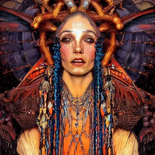 Image similar to baroque portrait of an art deco machine shaman, reflective detailed textures, highly detailed fantasy science fiction painting by annie swynnerton and jean delville and moebius, norman rockwell and william holman hunt. modern industrial shaman, rich colors, high contrast. artstation