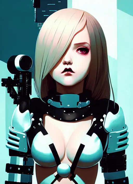Image similar to portrait of cute goth girl in cyber bikini armor, face by ilya kuvshinov, warhammer, cyberpunk, by atey ghailan, by greg rutkowski, by greg tocchini, by james gilleard, by joe fenton, by kaethe butcher, dynamic lighting, gradient light blue, brown, blonde cream and white color in scheme, grunge aesthetic