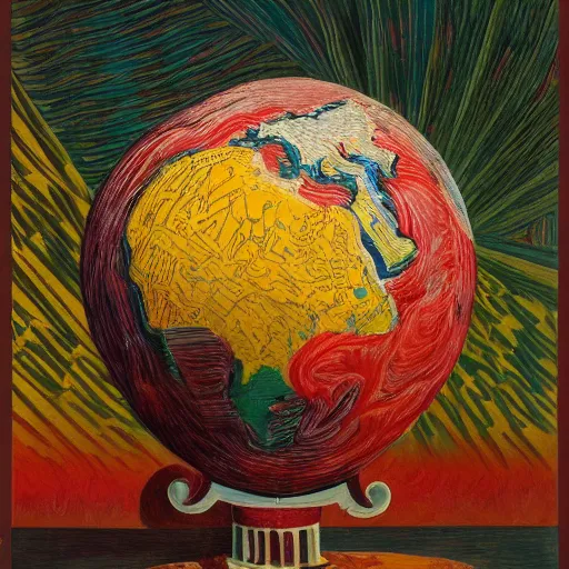 Image similar to a highly detailed painting of the world globe in flames, inspired by dali, matisse, klee, bosch, david hockney, trending on artstation, 4 k