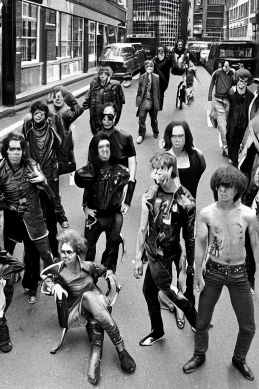 Image similar to a gang of giant, cyborg simon cowells prowling 1980s london, annie leibovitz photo hq