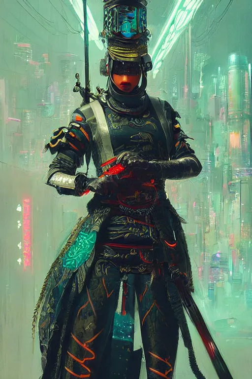 Image similar to a janissary, cyberpunk futuristic neon. fencing, long sword in her hand, decorated with traditional japanese ornaments by ismail inceoglu dragan bibin hans thoma greg rutkowski alexandros pyromallis nekro rene maritte illustrated, perfect face, fine details, realistic shaded, fine - face, pretty face, masterpiece