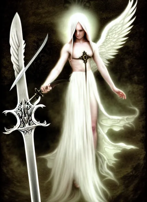 Image similar to a white angel holding a sword and a sword, digital art by Anne Stokes, deviantart, fantasy art, angelic photograph, wiccan, deviantart