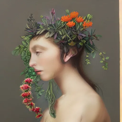 Prompt: a beautiful detailed portrait of a woman with plants and flowers growing