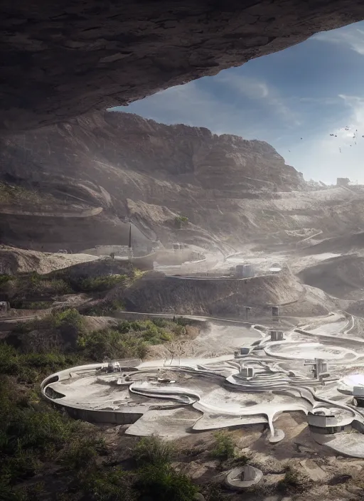 Image similar to bioremediation white mining tailing futuristic horizontal architecture in chuquicamata, epic, cinematic, hyperealistic, high detailed, corona render, hdr, ray tracing