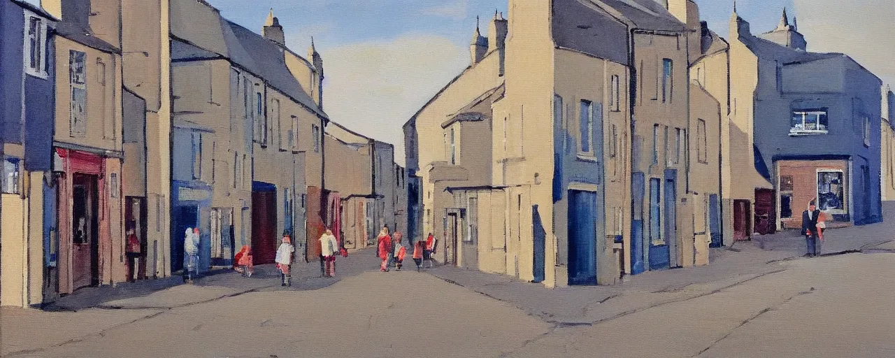 Prompt: a painting of street life in kirkwall orkney, calm, serene, placid, light