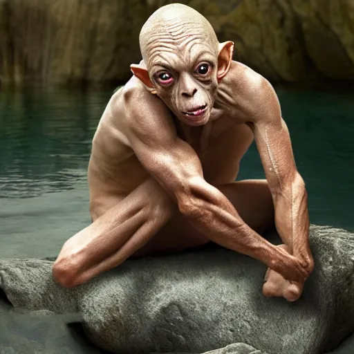 Prompt: gollum from lord of the rings, swimsuit modeling photoshoot, handsome gollum