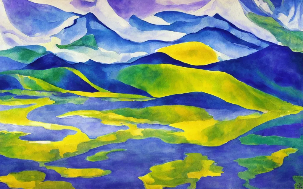 Image similar to the alps and reflection in a lake in the style of georgia o keeffe. colorful, wavy. painting. medium long shot. perspective. color palette of blue, yellow, purple, green.