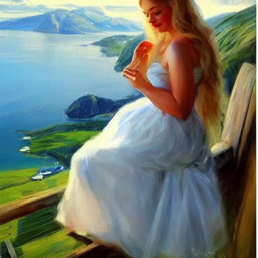 Image similar to 1950s beautiful!!! blonde looking over a Norwegian fjord, painting by !Vladimir Volegov!