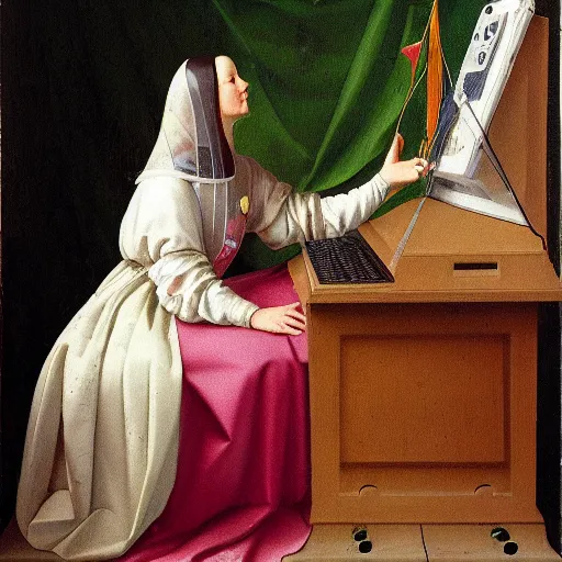 Image similar to Renaissance painting of a royal female cosmonaut using a computer