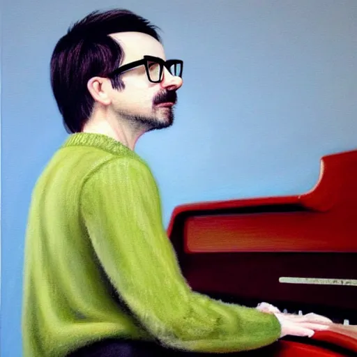 Image similar to An Oil Painting of the back view of Rivers Cuomo in a sweater with long hair and a mustache masterfully playing the piano, hyperrealistic, extremely realistic, highly realistic, HD Quality, 4k resolution, 8k resolution, Detailed, Very Detailed, Highly Detailed, Extremely Detailed, Intricate Details, Real, Very Real, Oil Painting, Digital Painting, Painting, Trending on Deviantart, Trending on Artstation