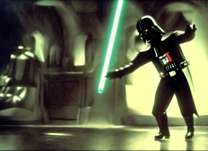 Image similar to film still of Darth Vader dancing at a disco club in Star Wars The Empire Strikes Back,