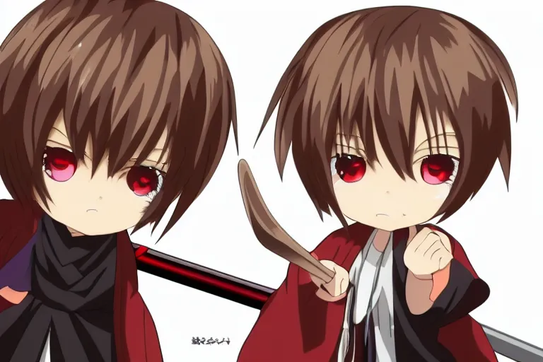 Prompt: anime peripheral, okita sougo, short brown hair, kewpie, red eyes, rurouni kenshin