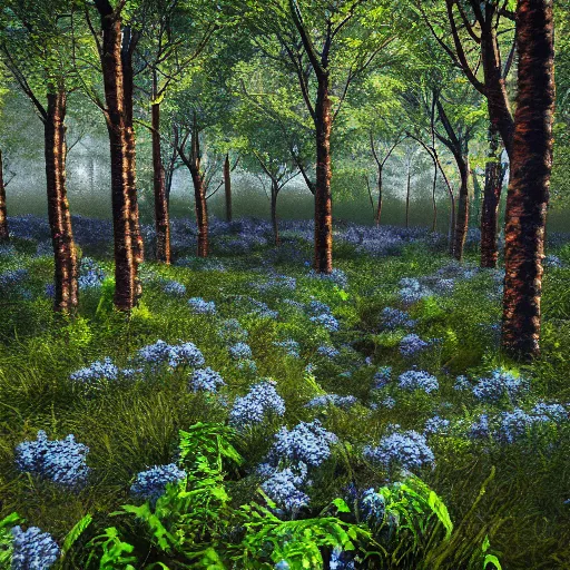 Image similar to artistic knee height render of blueberry bushes in a forest. Digital art. 4K. Unreal engine. Trending on artstation. Highly detailed.