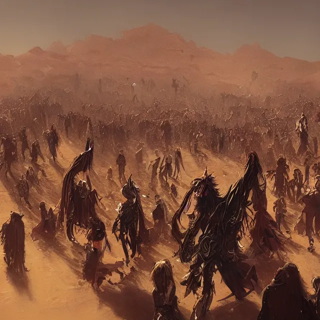 Image similar to a painting of a punk festival at the desert by greg rutkowski, dark fantasy art, high detail, trending on artstation