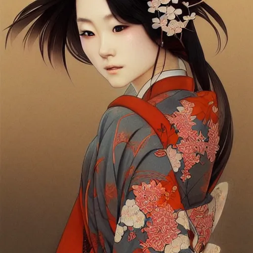 Image similar to A Japanese girl wearing a kimono, D&D, fantasy, intricate, elegant, highly detailed, digital painting, artstation, concept art, matte, sharp focus, illustration, art by Artgerm and Greg Rutkowski and Alphonse Mucha