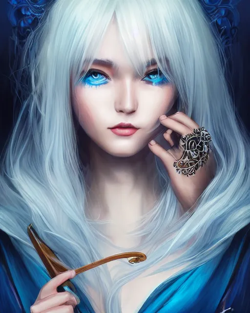 Image similar to A beautiful mysterious girl with cobalt-blue eyes and silky white hair, guitar shape build, her wardrobe is attractive, full body, fantasy art, in the style of Turine Tran, illustration, epic art, fantasy, intricate, elgant, amazing detail, digital painting, artstation, concept art, smooth, sharp focus