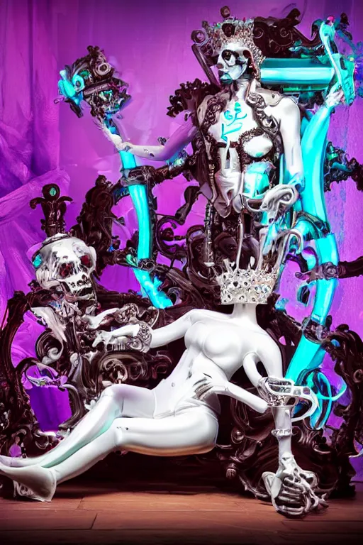 Image similar to full-body rococo and cyberpunk style neon statue of a muscular attractive Roberto macho dotado e rico android sim roupa reclining con las piernas abertas e la piroca dura liete, glowing white laser eyes, prince crown of mint gears, diamonds, swirling silver-colored silk fabric. futuristic elements. full-length view. space robots. human skulls. intricate artwork by caravaggio. Trending on artstation, octane render, cinematic lighting from the right, hyper realism, octane render, 8k, depth of field, 3D