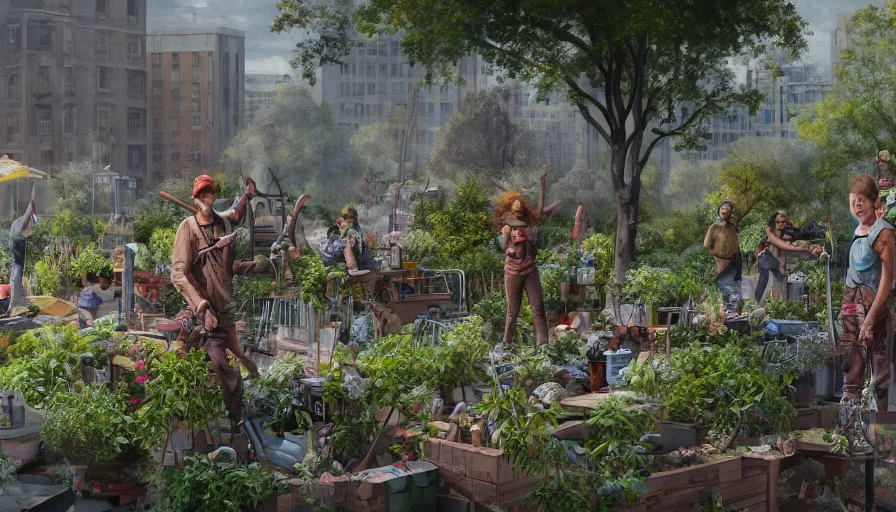 Prompt: survivors working in a craft garden built in washington dc's square, cloudy day, hyperdetailed, artstation, cgsociety, 8 k