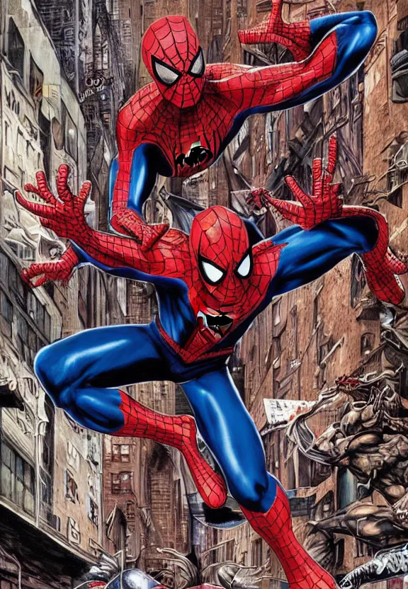 Prompt: spiderman fighting venom in a new york alley, comic book cover by lee bermejo and alex ross